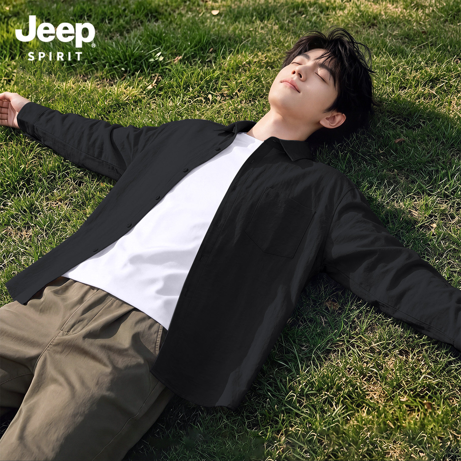 Jeep吉普男衬衫基础翻领砂洗衬衣