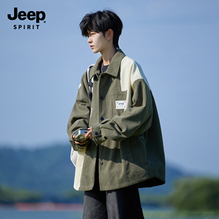 Jeep吉普灯芯绒撞色拼接夹克外套男秋季2026新款衬衫大码宽松衣服