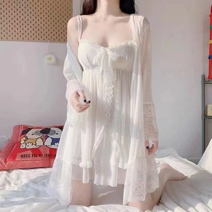 性感B蕾丝花边吊带收腰睡裙睡袍两件 复古宫廷风网纱睡衣女夏套装