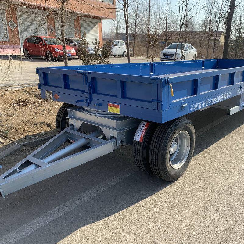 蓝色重型围栏平板挂车四轮栏杆式货物运输车厂区物料周转拖车