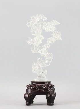 现代新中式创意透明太湖石头摆件雕刻木座禅意玄关样板房软装饰品