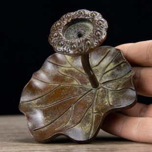 仿古纯铜荷叶莲蓬倒流香插香薰炉创意香炉 荷花插香实心铜小摆件