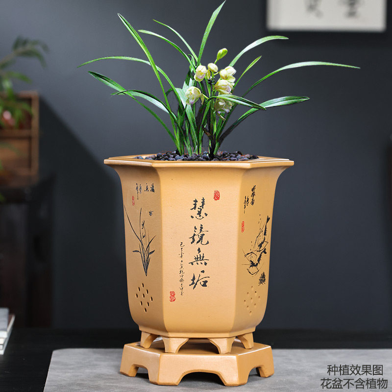 紫砂盆精品宫g灯花盆兰花专用盆六方墨兰建兰蕙兰中国风桌面大花