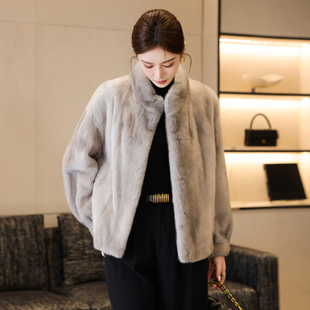水貂毛天鹅绒水貂皮草外套女短款冬季新立领紫标整貂裘皮大衣年轻