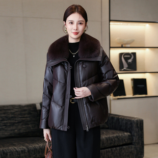 潮 宽松狐狸毛领绵羊皮皮衣外套短款 高端真皮羽绒服女2025冬季 新款