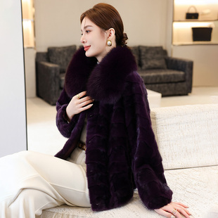 海宁2025冬季 月牙水貂毛皮草外套女高级感气质大衣狐狸毛毛领 新款