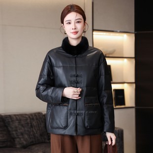 中式国风盘扣绵羊皮羽绒服短款皮衣女水貂毛立领保暖真皮皮衣外套