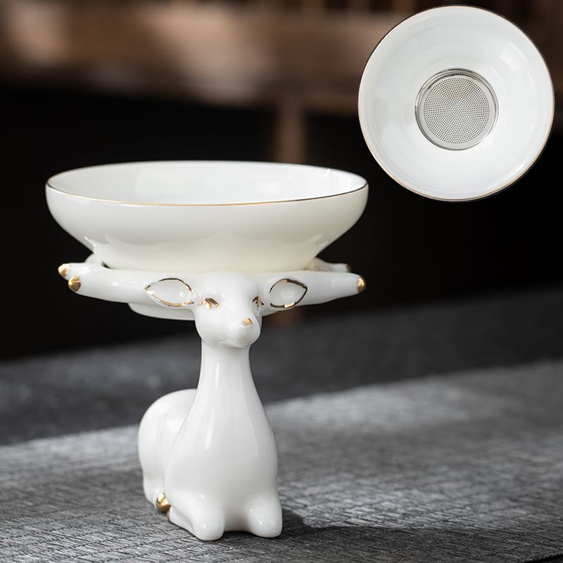 羊脂玉白瓷e茶具麋鹿茶漏托茶滤泡茶器套组茶滤茶器茶叶过滤网茶