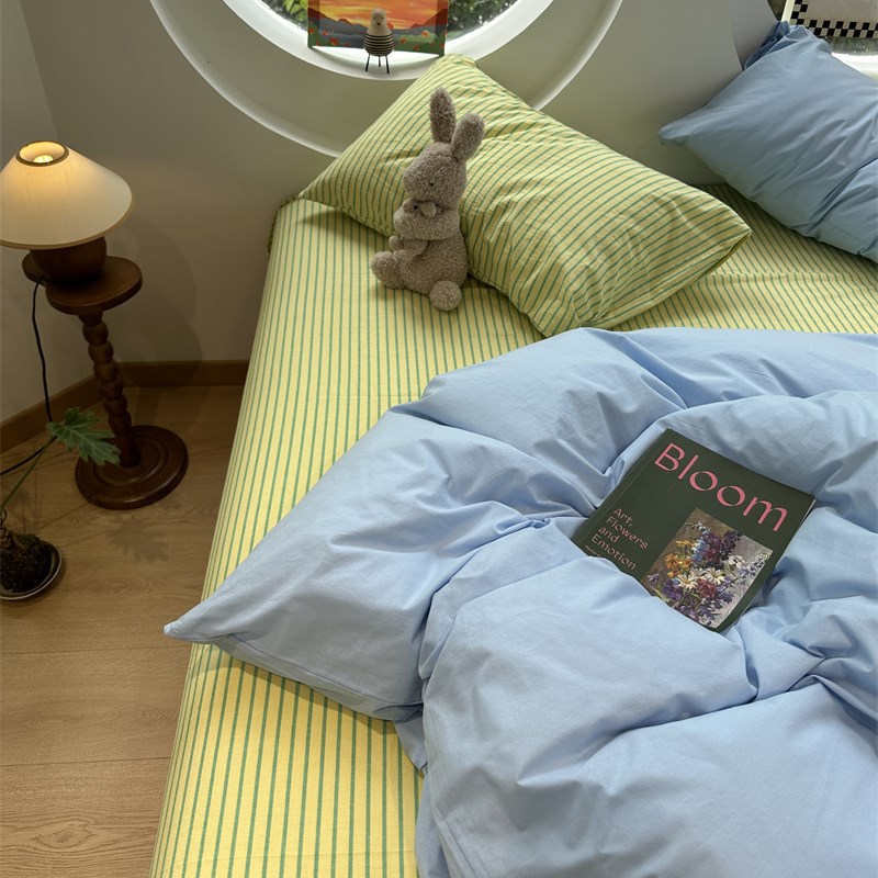 小清新蓝条纹混搭水洗棉四件套1.5m1.8米全棉S被套床单学生三件套