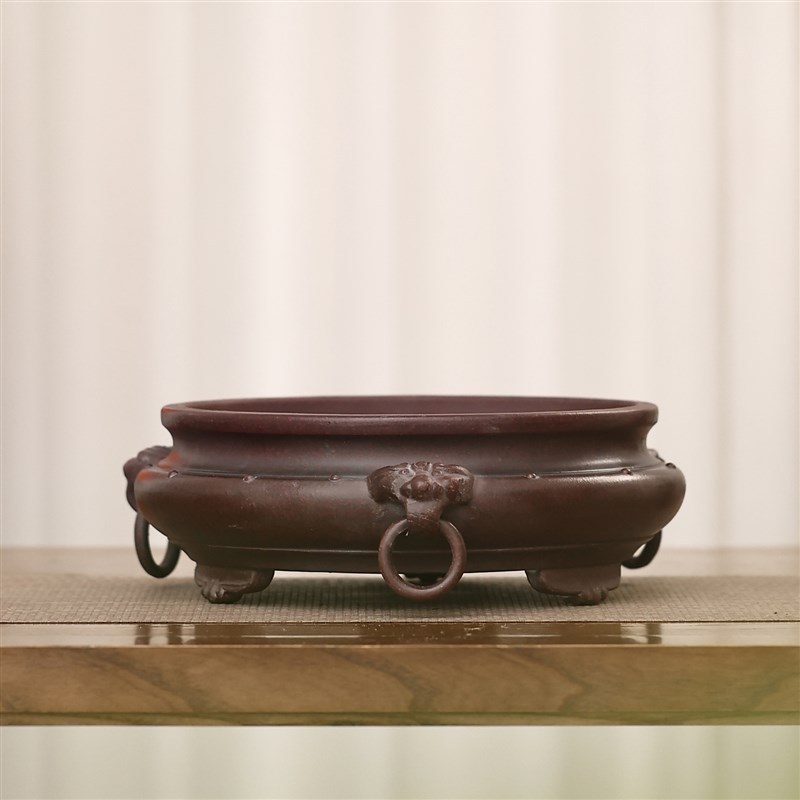 圆形三足收口圆盆景盆紫砂花盆兽面兽G钮狮子虎头活动环仿古大号