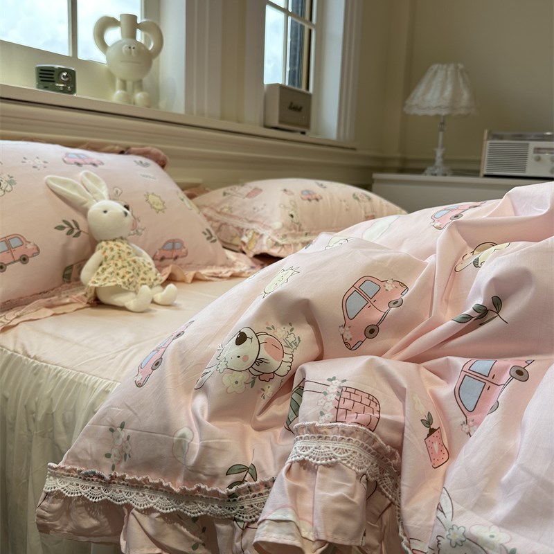 卡通童趣公主e花边童年梦床裙四件套全棉1.5m1.8米被套三件式床组