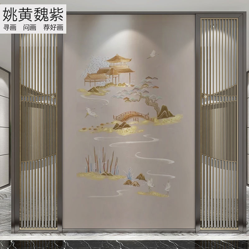 大型挑空客厅沙发背景墙金色亭台楼阁F刺绣壁布玄关加宽独绣墙布
