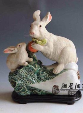 陶声 和合生米兔子白菜家居博古架玄关客厅中式摆件石湾陶瓷公仔