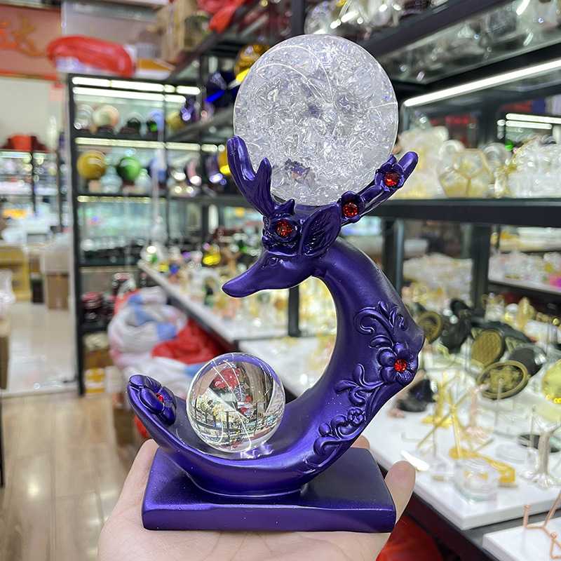 跨境新款小鹿水晶球托摆件 双球底座 树脂工艺品梅花鹿摆件球座