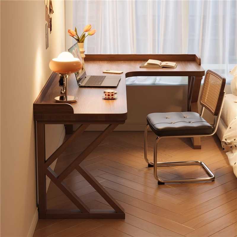 实木双人电脑桌带挡板靠墙l型拐角桌家用儿童学习桌卧室转角书桌