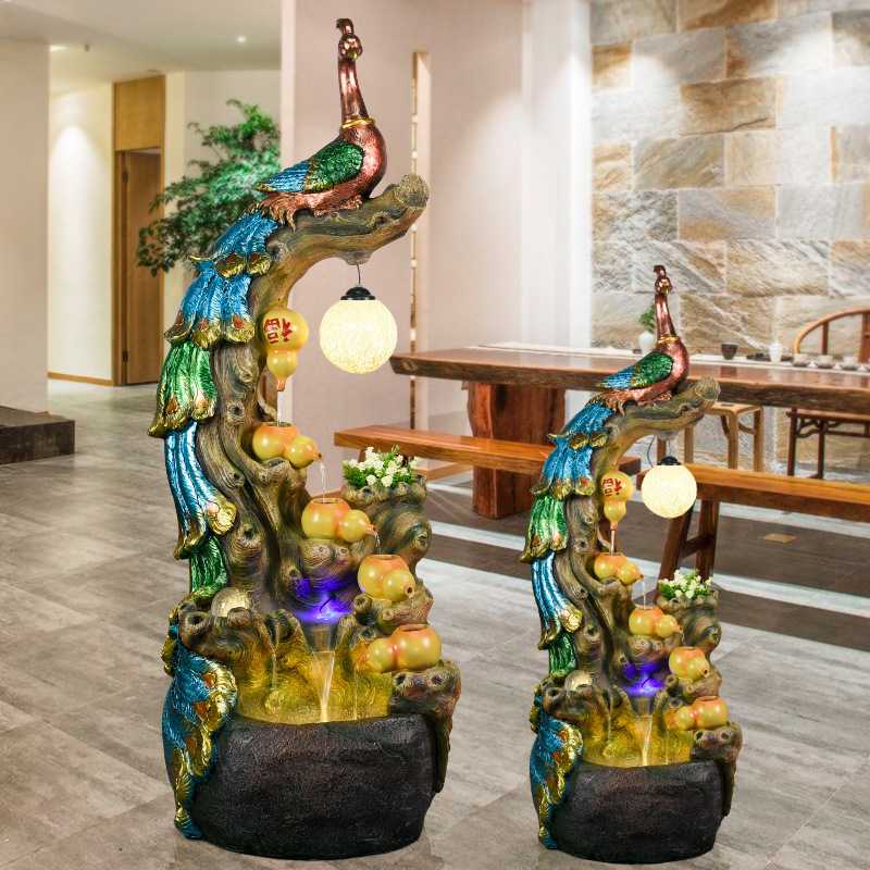 假山流水喷泉客厅加湿器家居装饰简约时尚办公室盆景孔雀落地摆件
