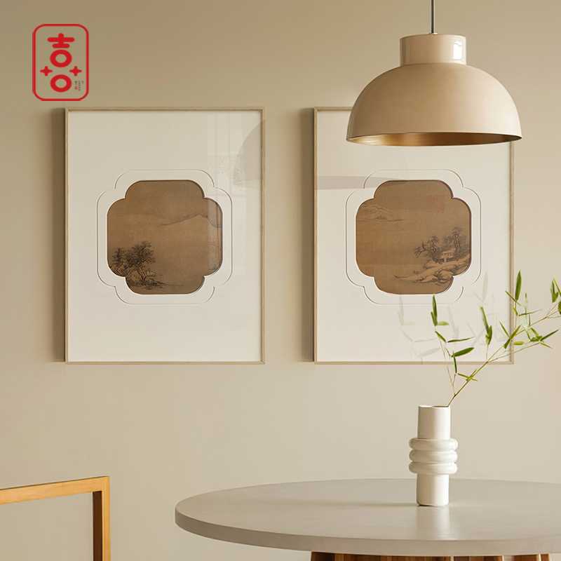 宋式美学 山水小品餐厅挂画新中式茶室书房背景墙装饰画卡纸微雕
