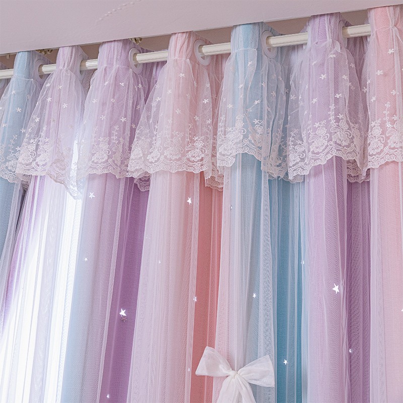 新款网红镂空星星双层遮光成品公主风卧室客厅落地窗布纱一体窗帘