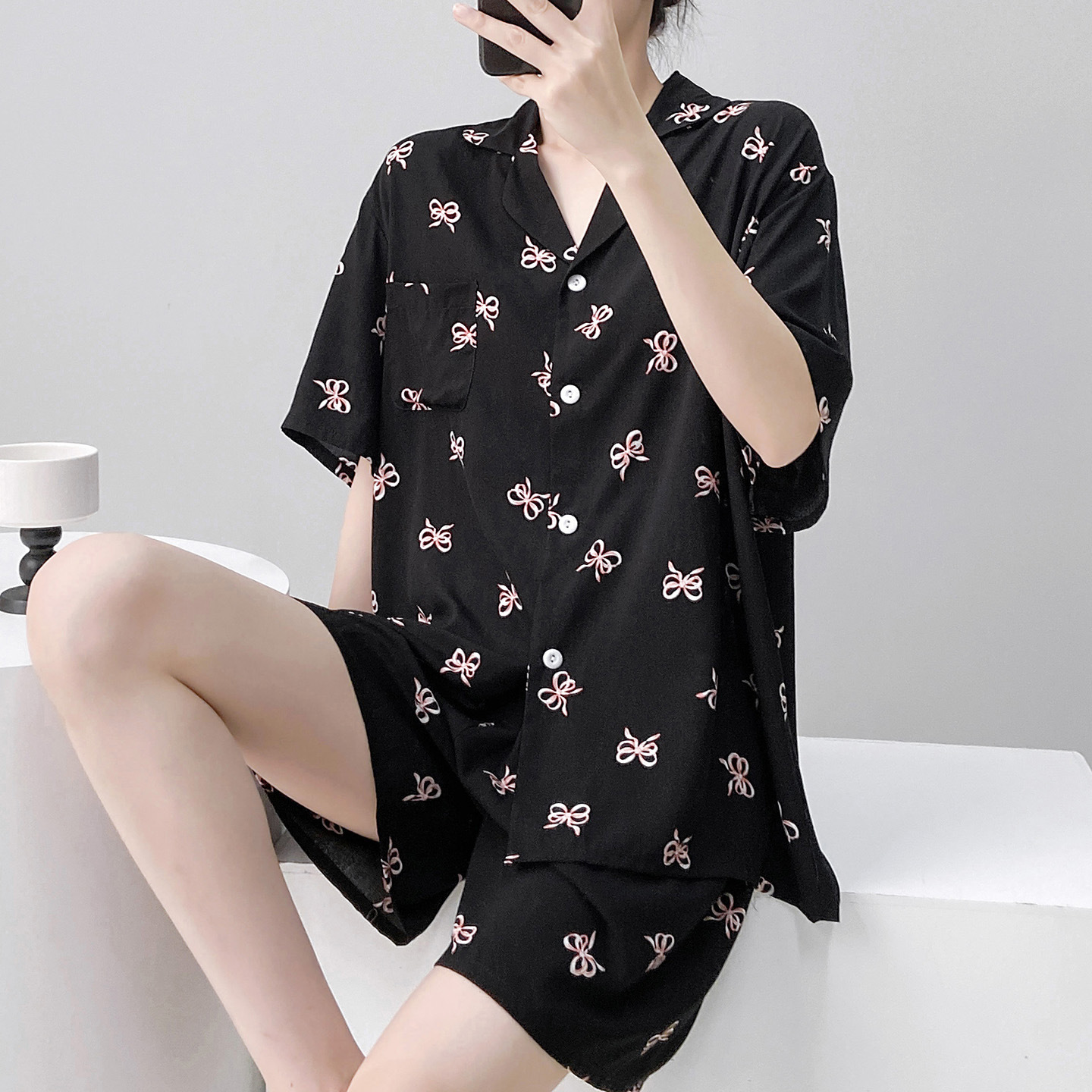 夏季绵绸睡衣女士薄款短袖开衫可爱蝴蝶结可外穿人造棉家居服