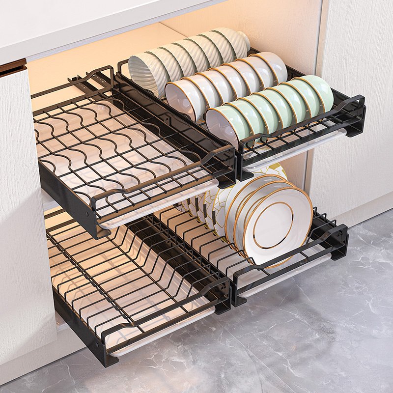不锈钢抽屉式厨房抽拉碗碟收纳架橱柜碗架拉篮O碗盘盘子沥水置物