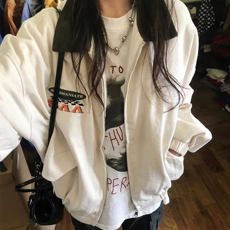 美式复古翻领夹克外套女春秋宽松百搭潮牌刺绣撞色早秋棒球服上衣