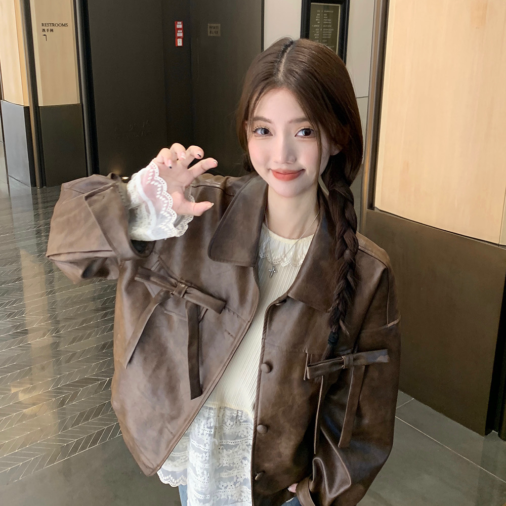 PPHOME美拉德复古蝴蝶结皮衣外套女秋季美式辣妹休闲宽松夹克上衣