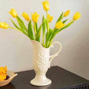 手提浮雕铃兰陶瓷复古花瓶插花装饰品摆件客厅中古高级感桌面花器