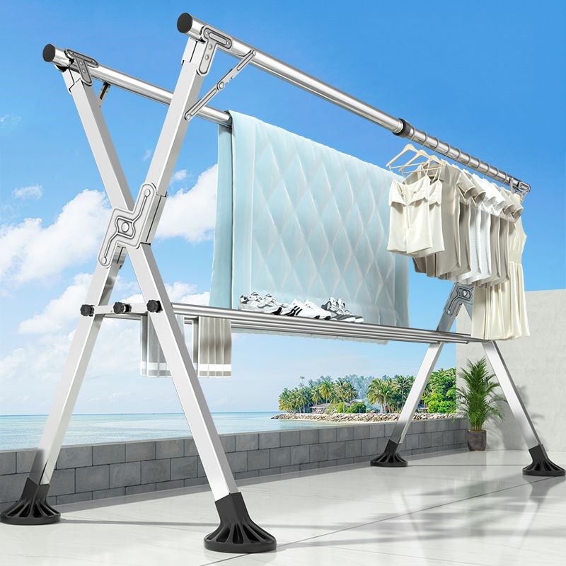 折叠晾衣架落f地室内家用阳台不锈钢衣架卧室外伸缩杆式晒被子神