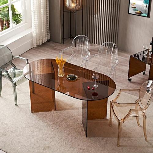 极简创意侘寂风简易茶色钢化玻璃餐桌现代简约轻奢家用小户型饭桌
