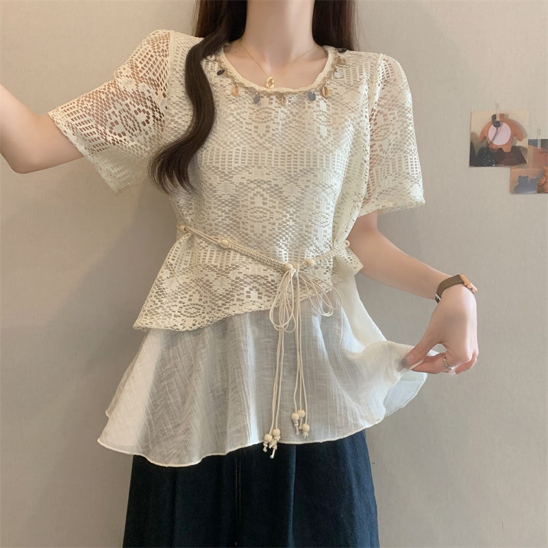 实拍现货 夏季新款镂空设计假两件衬衫女胖mm显瘦圆领上衣