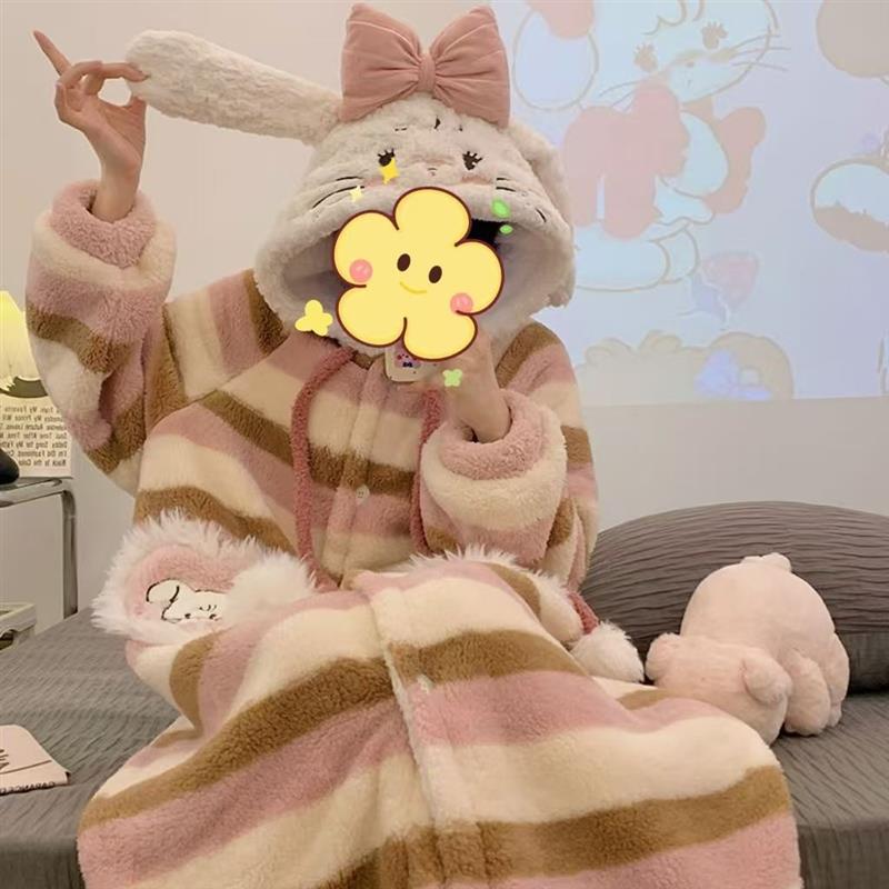 可爱米科猫珊瑚绒睡衣女冬季加绒加厚保暖法兰绒长款连帽冬天睡袍
