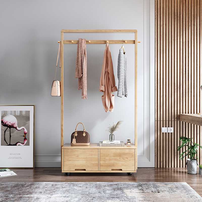 衣帽架落地实木可移动带滑轮挂衣架北欧ins客厅胡桃木新中式衣架