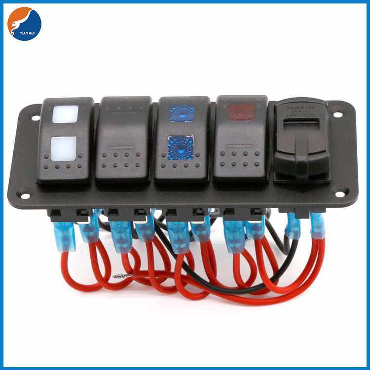 汽车船舶用4组开关塑料LED摇杆开关面板，带USB充电器和电压表