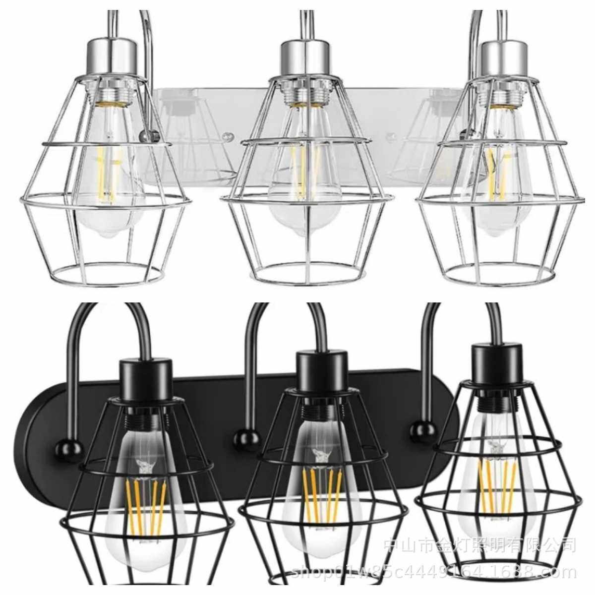 跨境美式复古铁艺笼子三头镜前灯浴室客厅卧室床头创意农舍壁灯