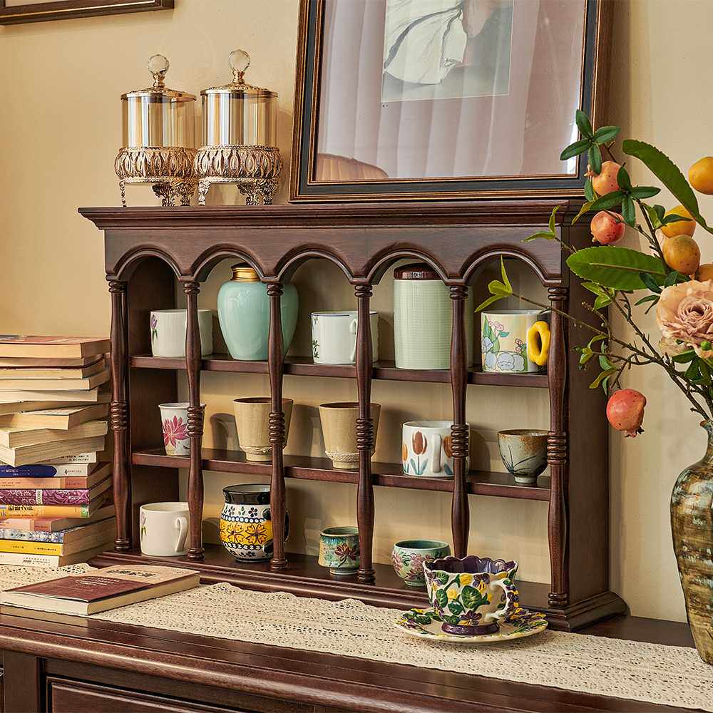 美式实木杯架复古餐桌置物墙壁吊柜中古咖啡杯展示柜三层挂墙架