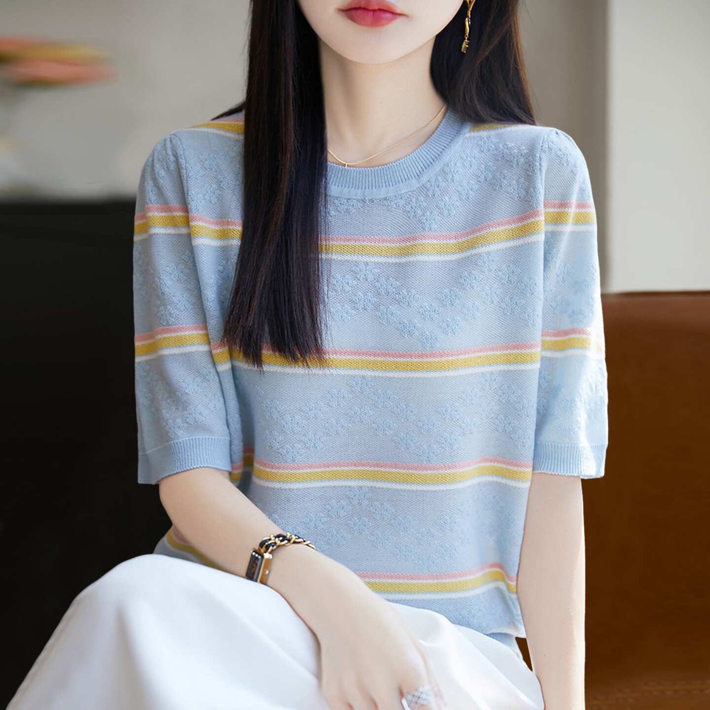 2026新款条纹提花针织短袖t恤女夏季薄款冰丝针织衫大码女装上衣