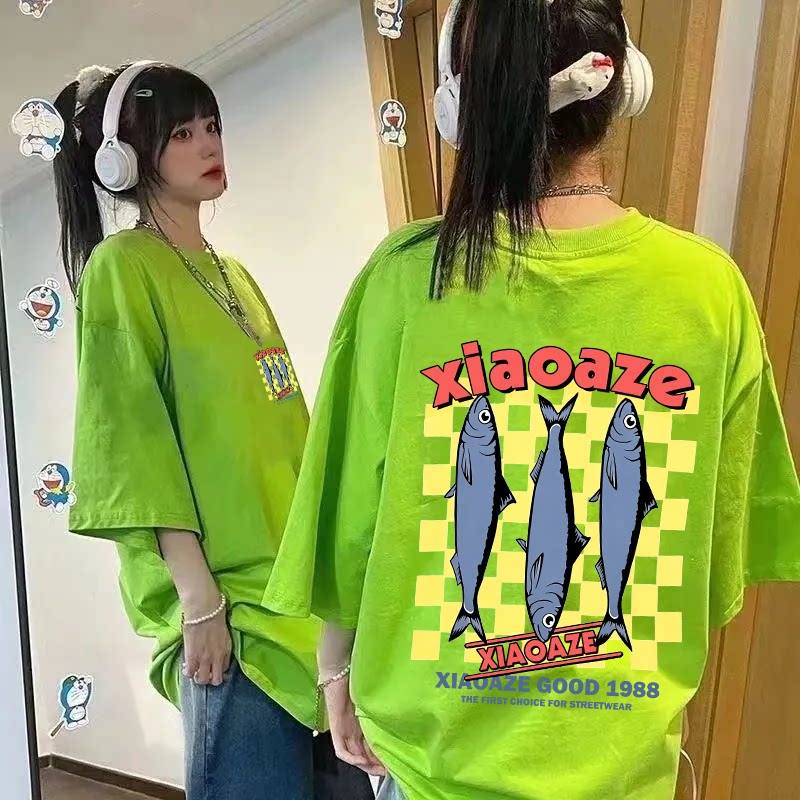 荧光绿纯棉日系复古ins风短袖T恤潮流男女夏季宽松情侣款印花上衣