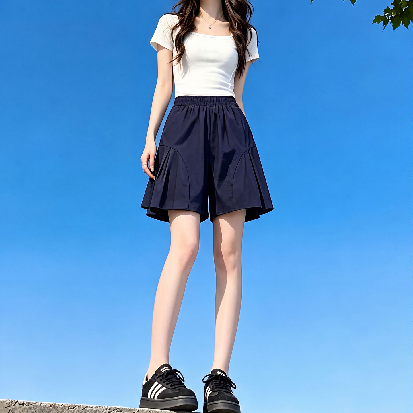 藏青色冰丝速干短裤女夏季外穿宽松休闲中裤小个子a字阔腿五分裤