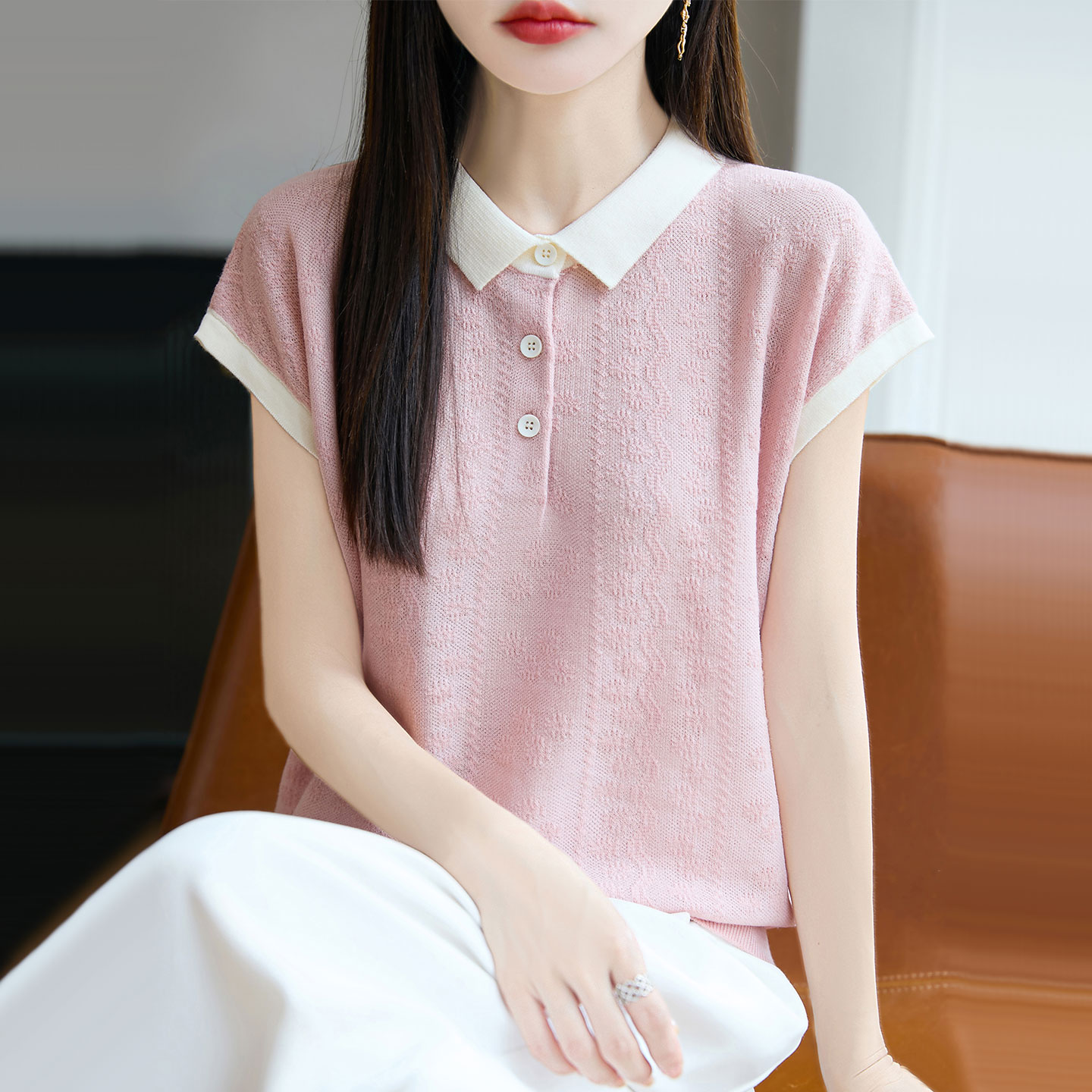 翻领桑蚕丝短袖T恤上衣女