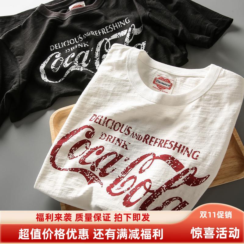 夏季新款 重磅竹节纱棉美式复古休闲可乐印花男士圆领百搭短袖T恤