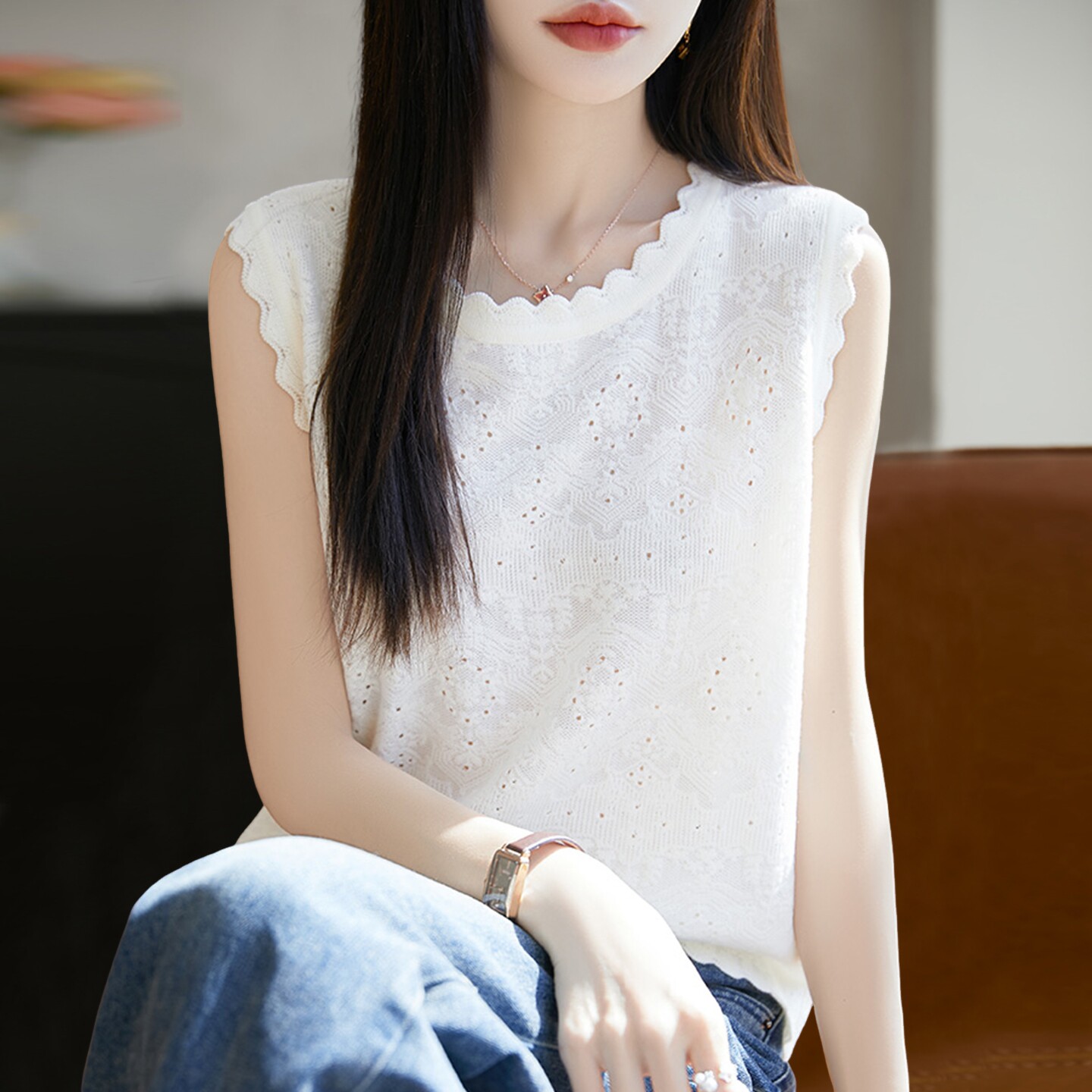 2026新款镂空无袖针织短袖t恤背心女夏季薄款冰丝针织衫女装上衣