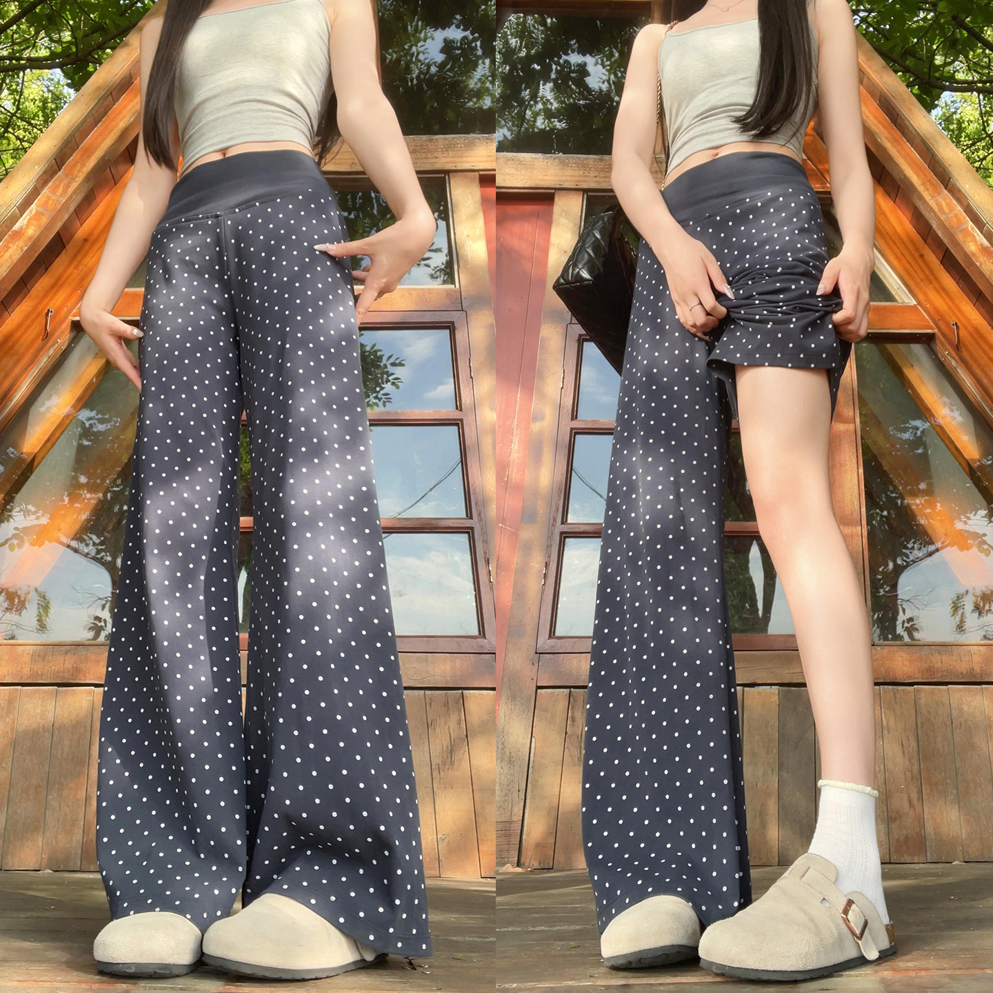 藏青色波点微喇裤女夏高腰显瘦韩系慵懒感小个子垂感拖地喇叭卫裤