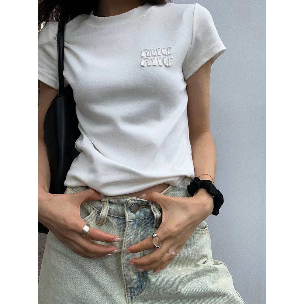 圆领正肩T恤女纯棉短袖简约夏季字母绣花修身显瘦纯色小上衣