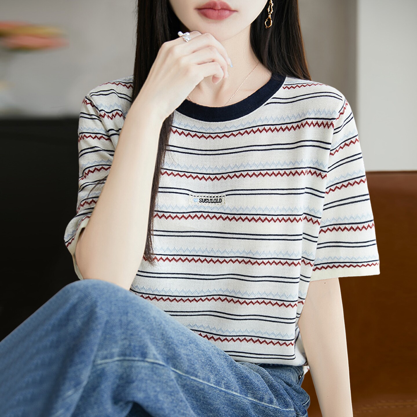 2026新款条纹印花针织短袖t恤女夏季薄款冰丝针织衫大码女装上衣