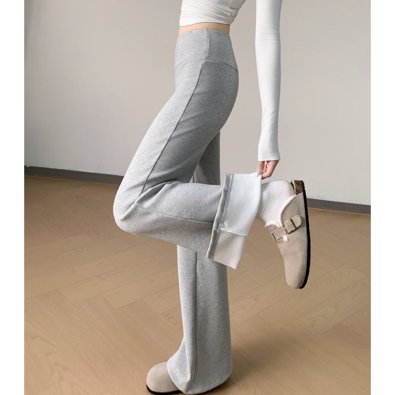 灰色加绒微喇裤女秋冬季2025新款小个子高腰显瘦休闲直筒喇叭卫裤