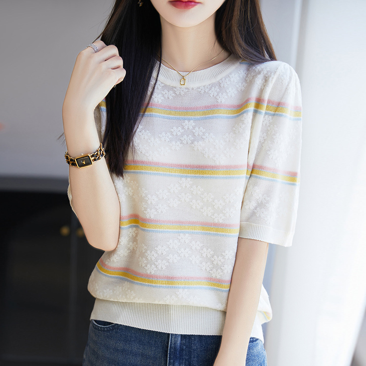 2026新款条纹提花针织短袖t恤女夏季薄款冰丝针织衫大码女装上衣