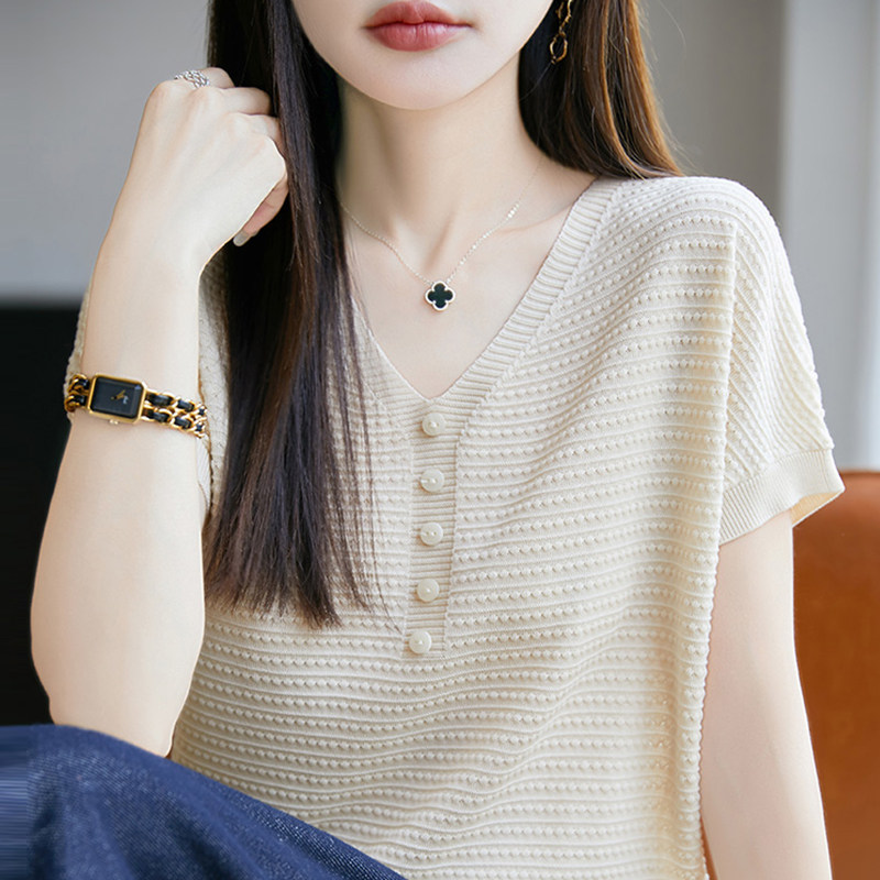 纯色V领短袖t恤女夏季2025新款打底衫洋气大码女装冰丝针织上衣