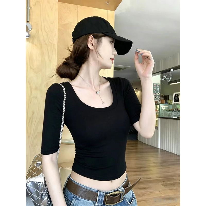 甜辣短款修身显瘦黑色五分袖T恤衫新款正肩中袖u领上衣女高腰纯欲