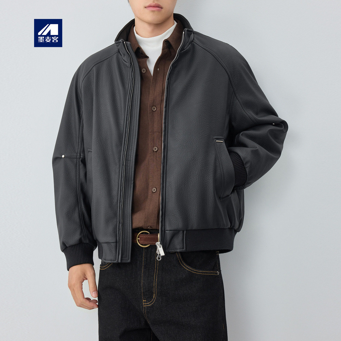 墨麦客街头休闲荔枝纹PU羽绒服男26冬季新款立领羽绒皮夹克88965.