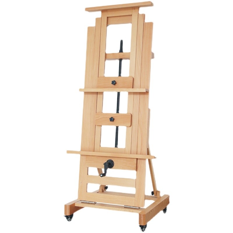 榉木制平立两用落地实木加厚款专业可调节单摇杆手摇国画大油画架